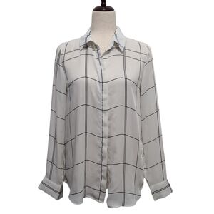 H&M Long Sleeve Blouse Window Pane Plaid White Black Size 4
